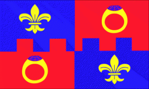 A flag divided into four quarters by a horizontal and vertical line, creating a pattern similar to a checkerboard. Each quarter is colored red and blue with a  yellow fleur-de-lis and a yellow ring